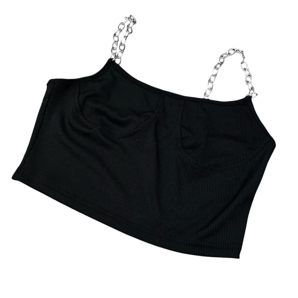 Black Silver Chain Strap Design Crop Top Style Shirt Women’s Size Small Fit!